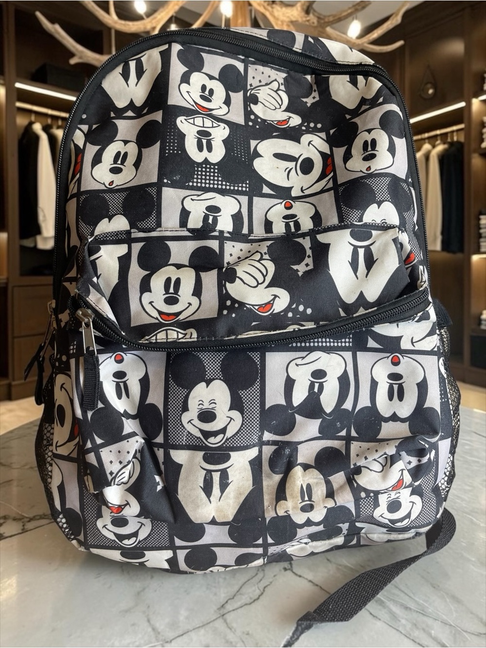 Disney Black and White Mickey Faces Backpack with Red Accents Y2K Backpack Trend